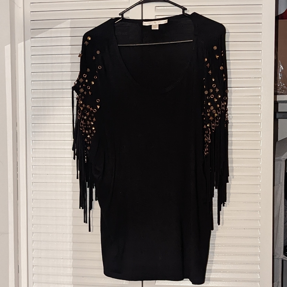 Boston Proper Large Black Rocker Blouse‎ Fringe Grommet Studs Destroyed
